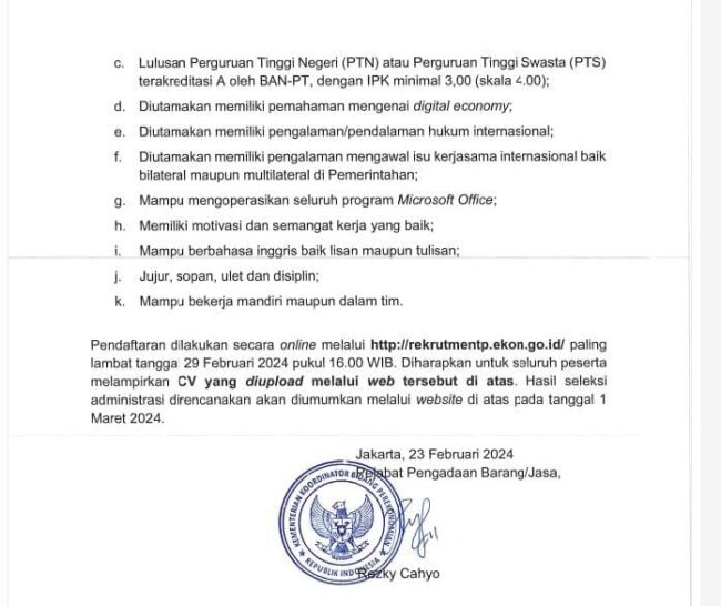 Lowongan Kerja Terbaru Kementerian Koordinator Bidang Perekonomian Tahun Anggaran 2024 2 Poros NTT News